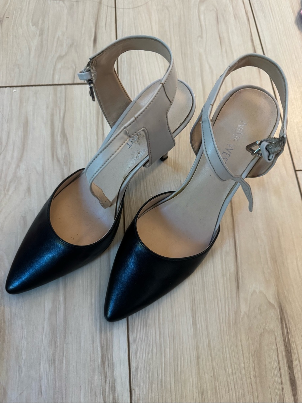 Nine West Black and Cream Pointed Toe Ankle-Strap Heels